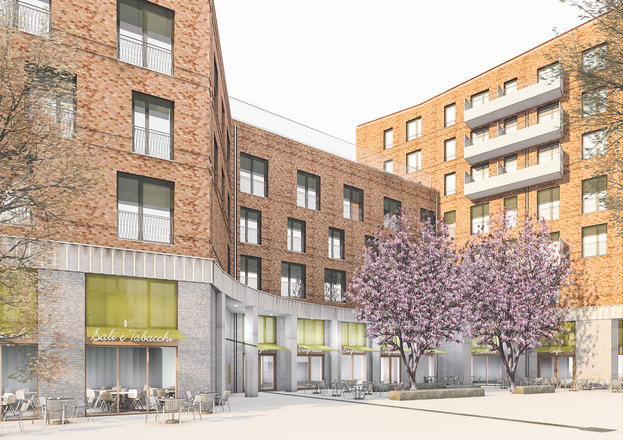 Eingangsbereich der Wohnanlage "Schweizer Foyer", mit Cafés im Erdgeschoss und zwei blühenden Tulpenbäumen