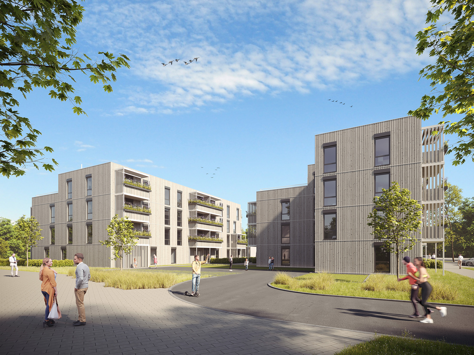 Visualisierung des Wohnprojekts "Ellener Hof" mit mehreren holzverkleideten, grauen Wohnblocks mit Balkonen