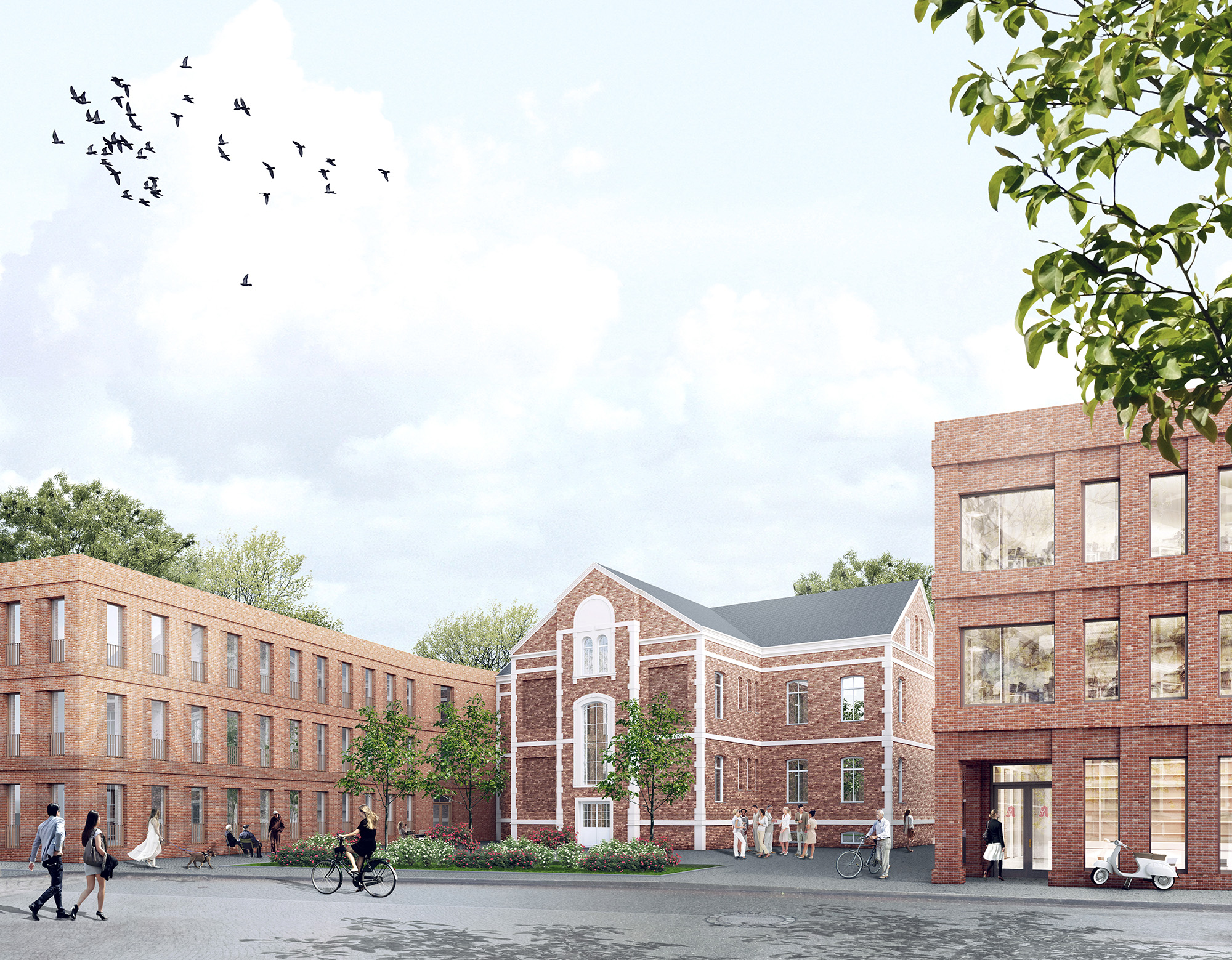 Visualisierung Wohnquartier Hartmannstift Bremen mit drei Bäumen davor, eingerahmt von zwei modernen Flachdachgebäuden